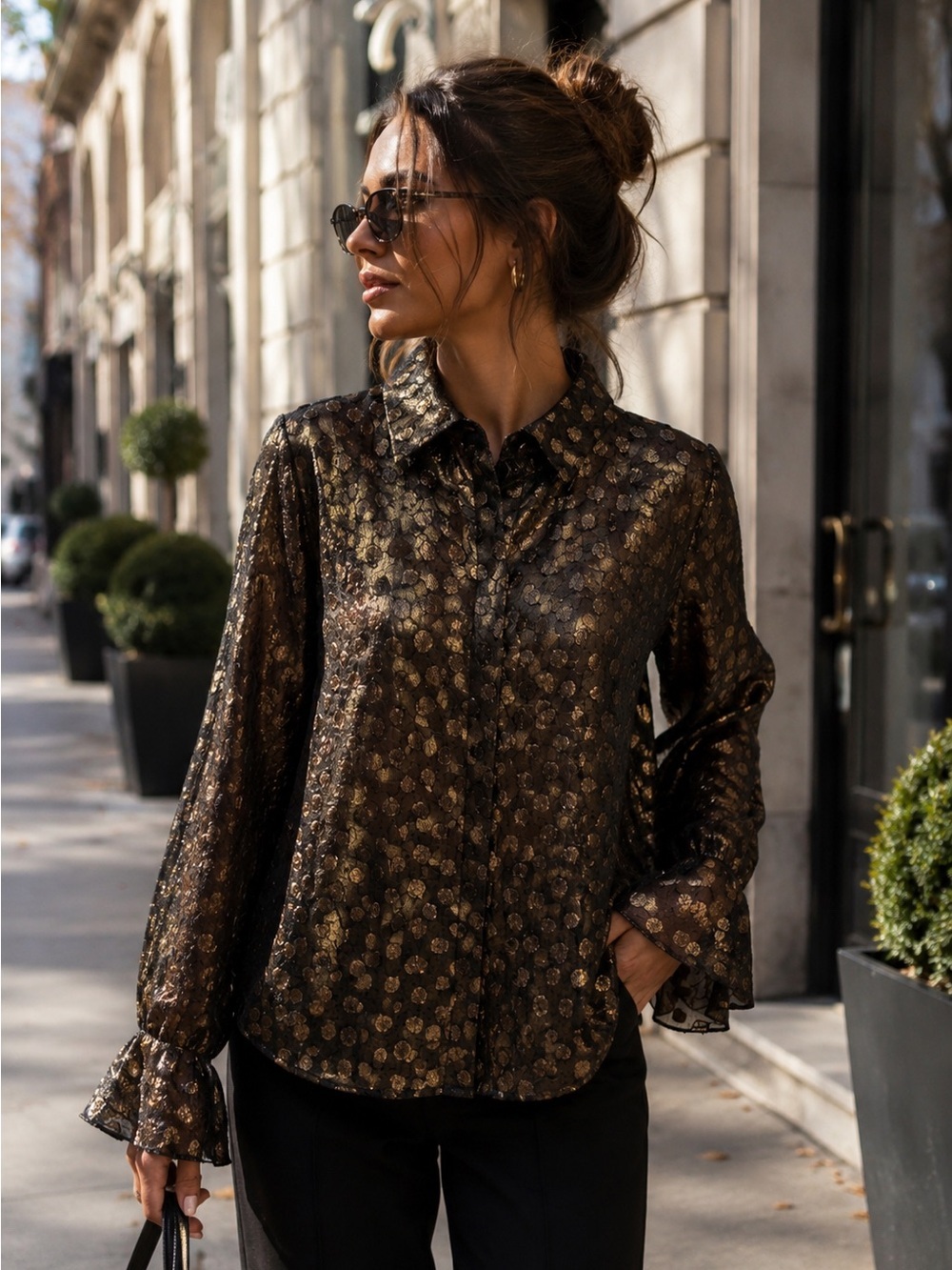 Donna Karan Black Blouse with Metallic Gold Dot Jacquard XL